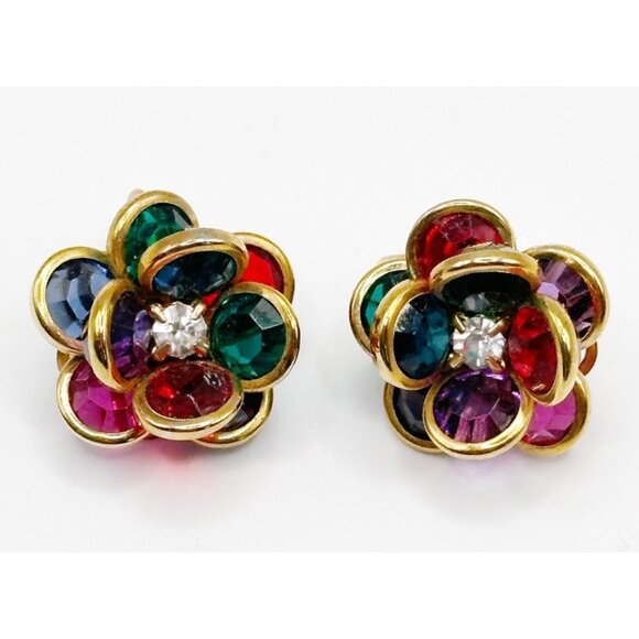 VTG Bezel Set‎ Crystal Flower EARRINGS Clip Back Multi Color Rhinestone Center - Picture 1 of 2